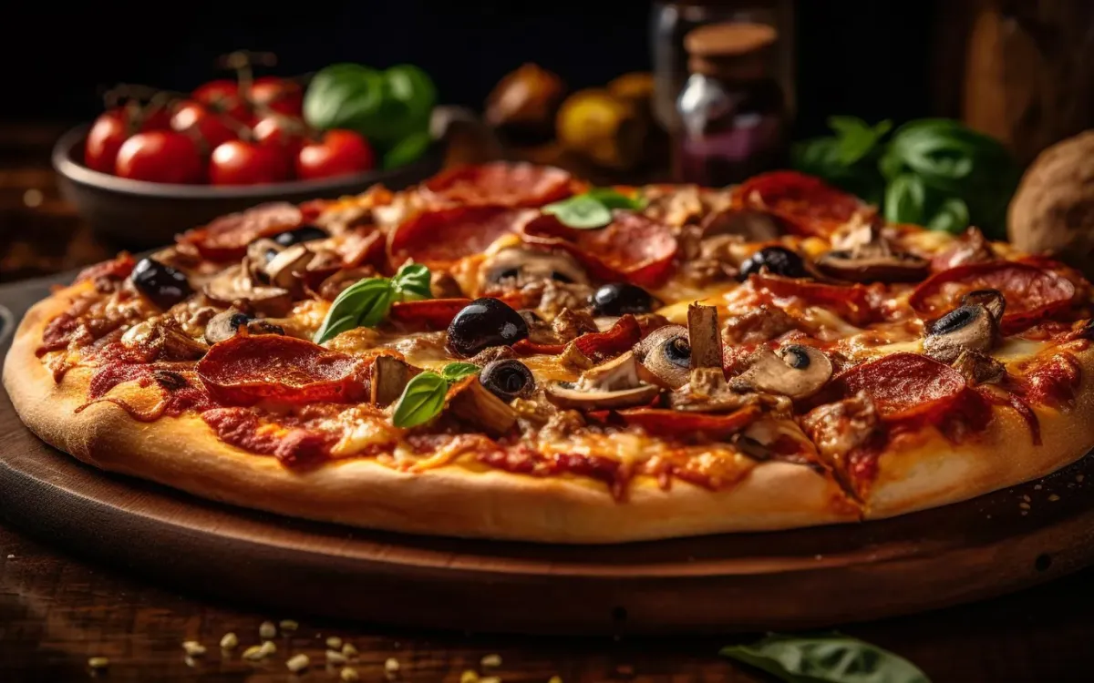 Frische Steinofenpizza mit Salami, Pilzen und Oliven auf einem Holzbrett
