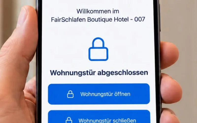 Smartphone mit der i-Checkin-App: Willkommen im FairSchlafen Boutique Hotel, Button „Wohnungstür öffnen“