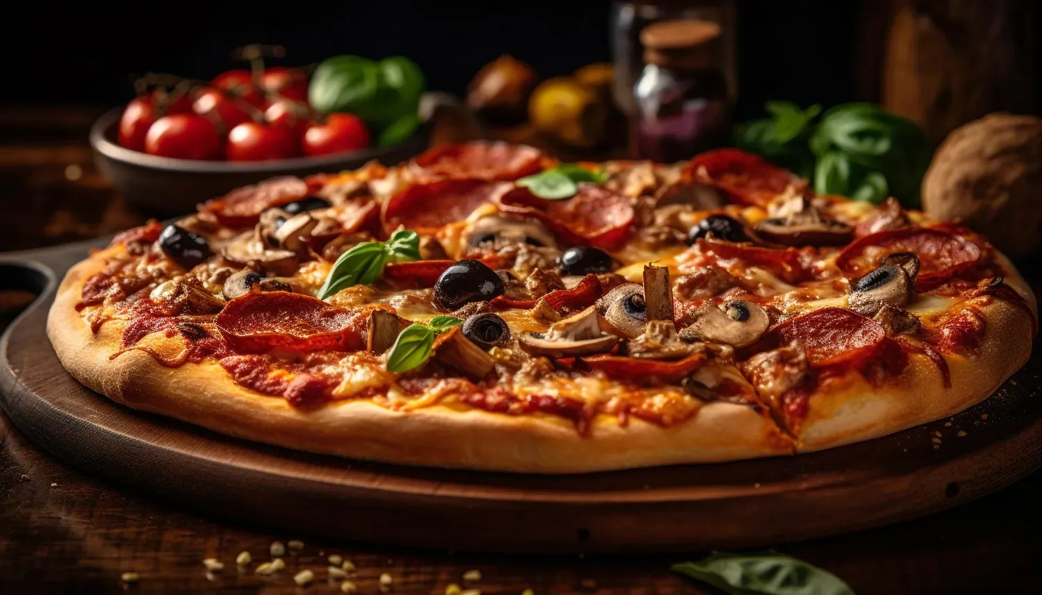 Pizza mit Salami, Pilzen und Oliven auf einem Holzbrett – Dock 14